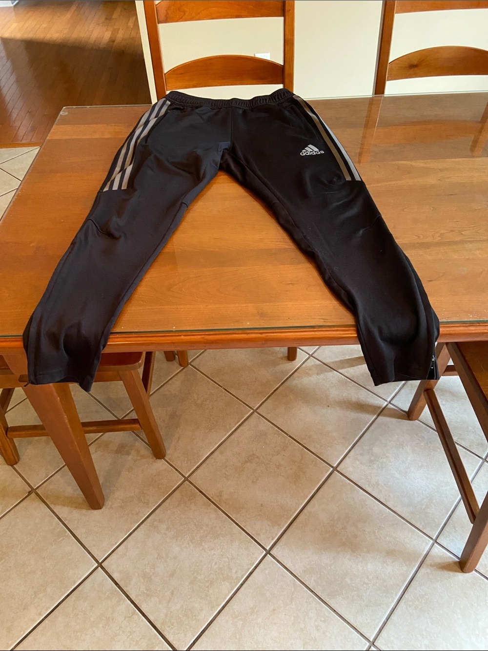 adidas Black Jogger Pants with Gray Three-Stripes. Ankle Zips.